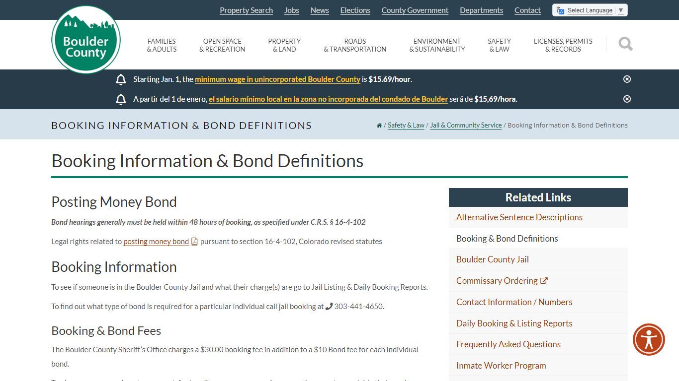 Booking Information & Bond Definitions - Boulder County